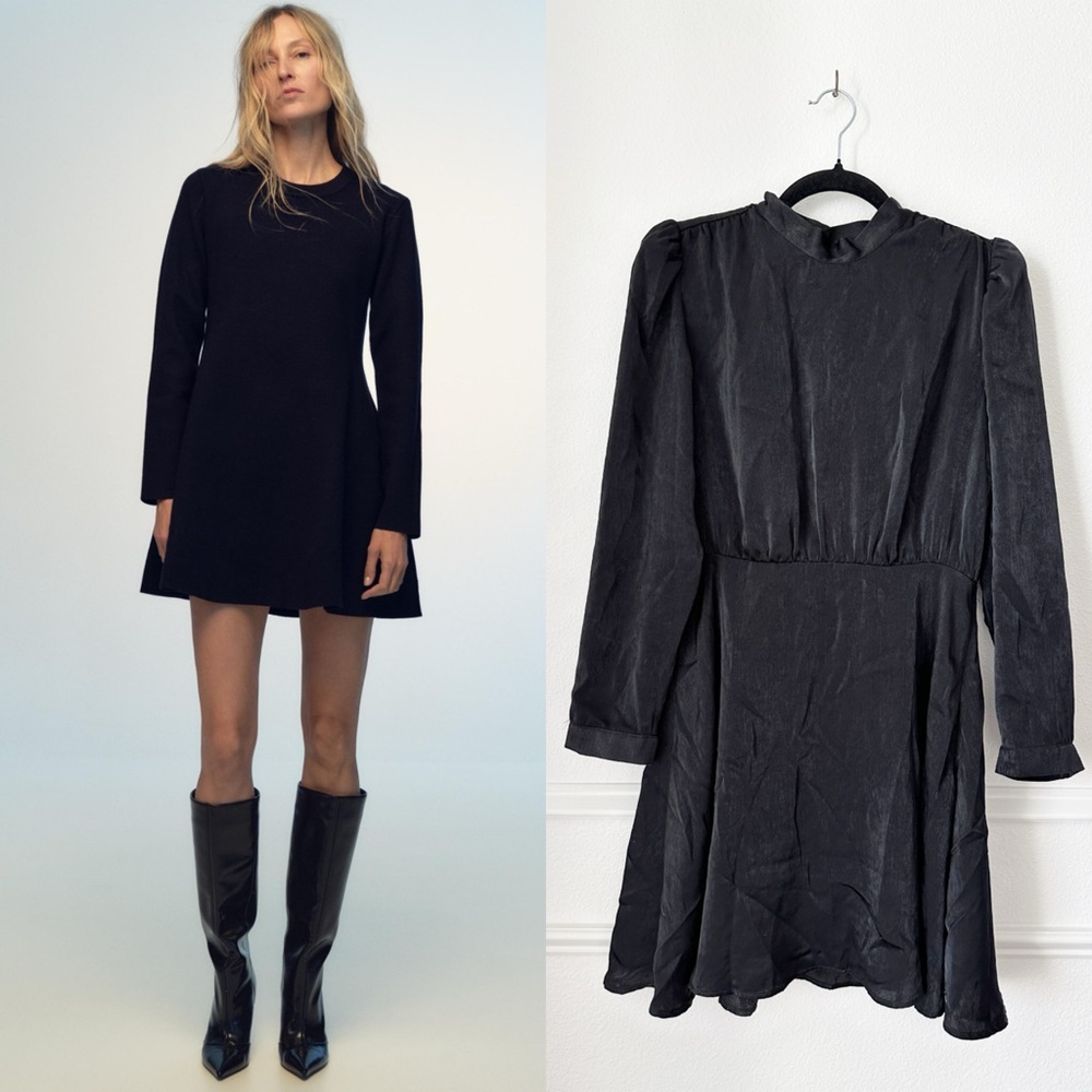NWT Zara Long Sleeve Mock Neck Satin Velvet Mini Dress in Black sz M